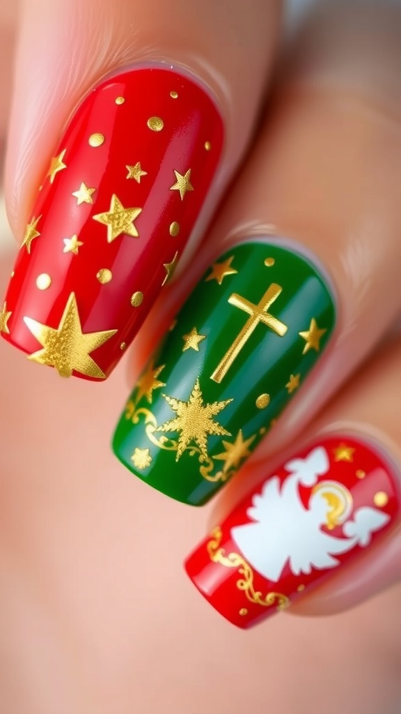 Close-up of Christmas nail art with red and green polish, featuring designs of stars and crosses.